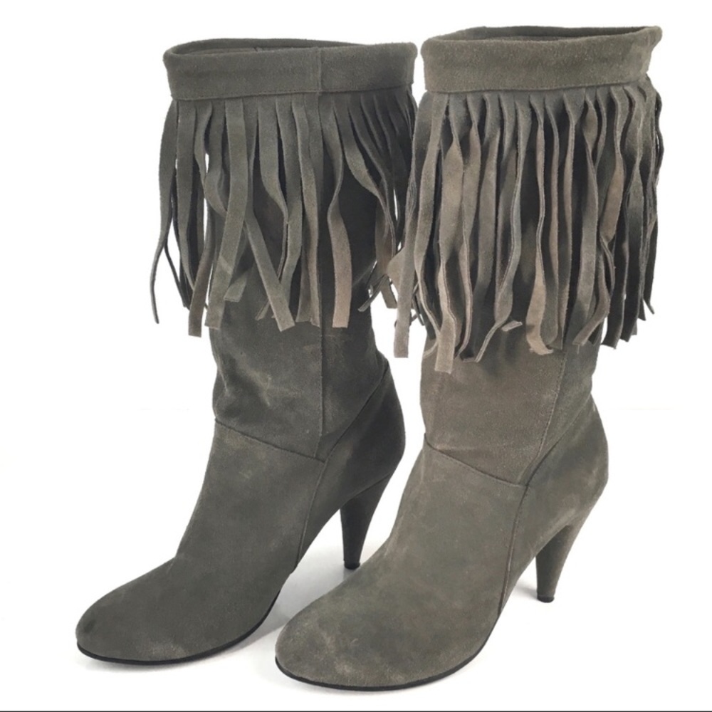 N.Y.L.A. GREY SUEDE LEATHER FRINGE HEELED BOOTS 9